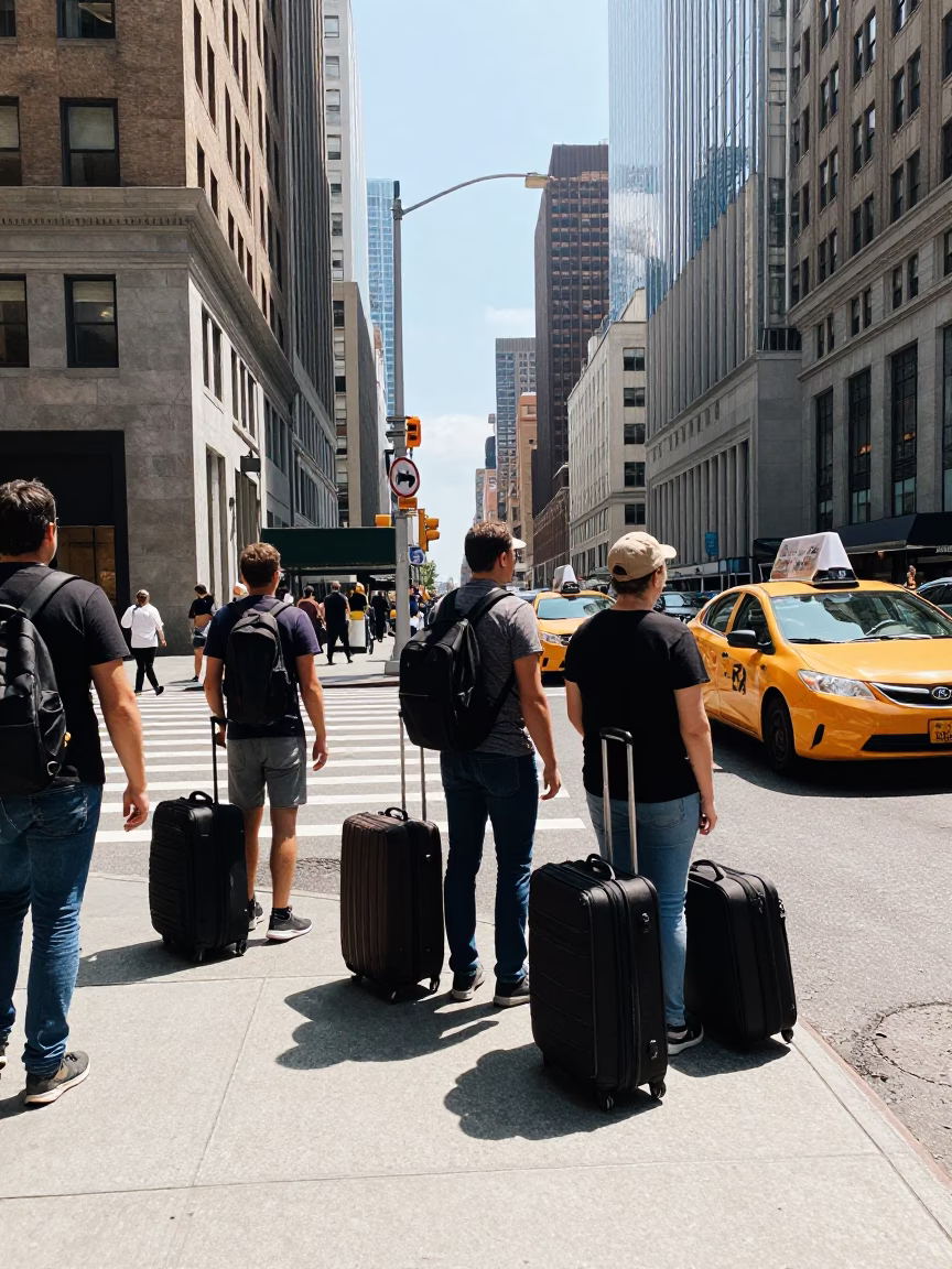 New York City Sidewalk Scene with Suitcases Under Flat Noon Sun in in New York, New York, United States