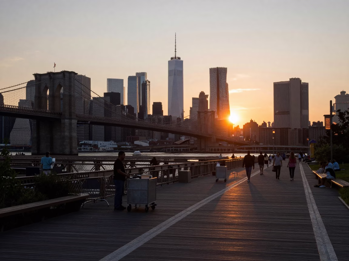 New York City Skyline From Brooklyn Bridge Park in in New York, New York, United States