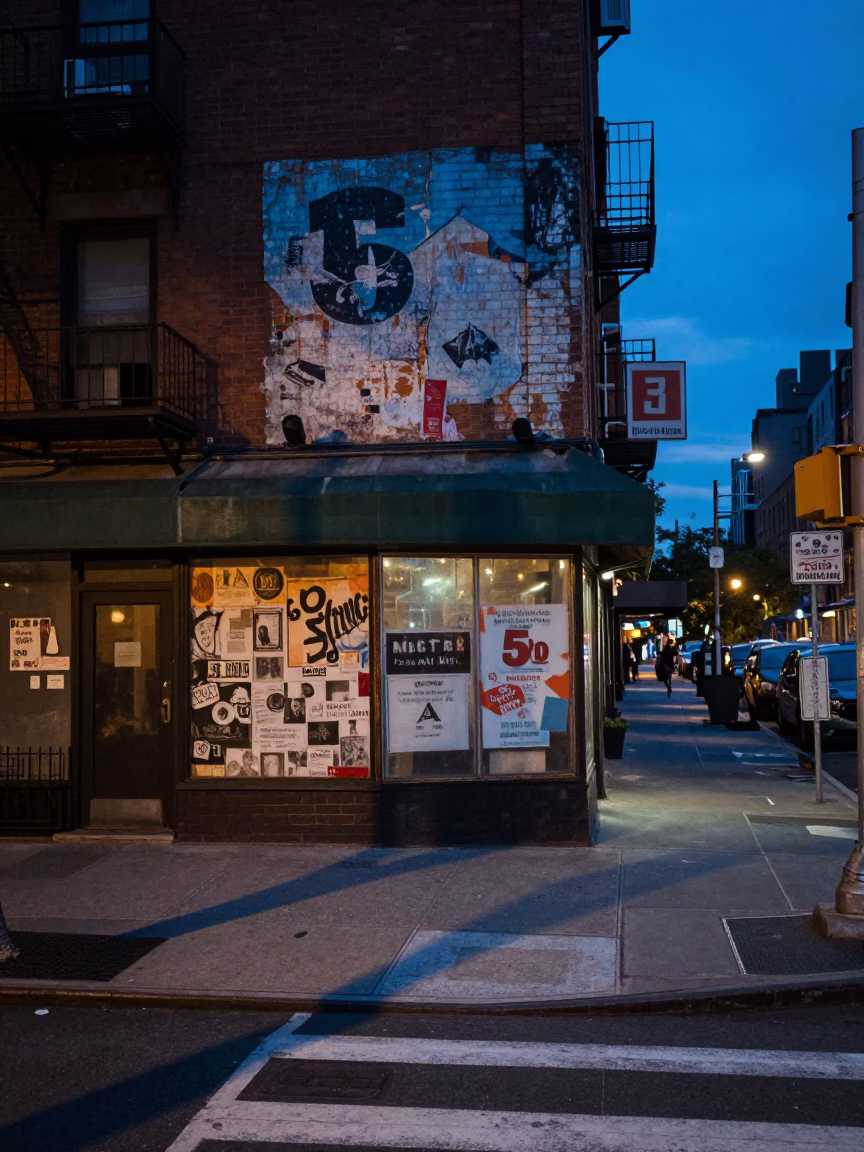 New York City Street Corner at Blue Hour with Faded Mural and Urban Details in in New York, New York, United States