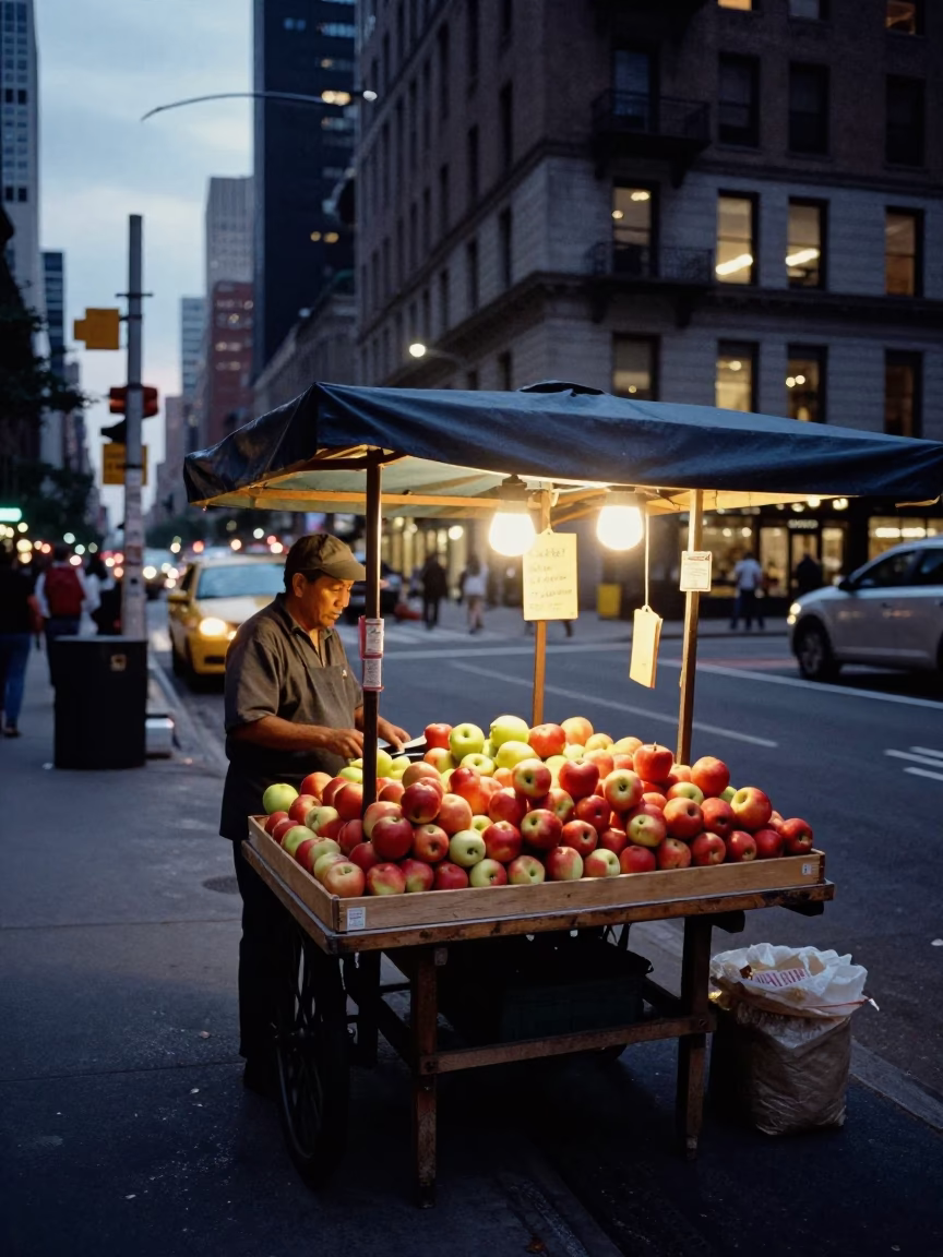 New York City Street Corner at Dusk with Fruit Stand and City Lights in in New York, New York, United States