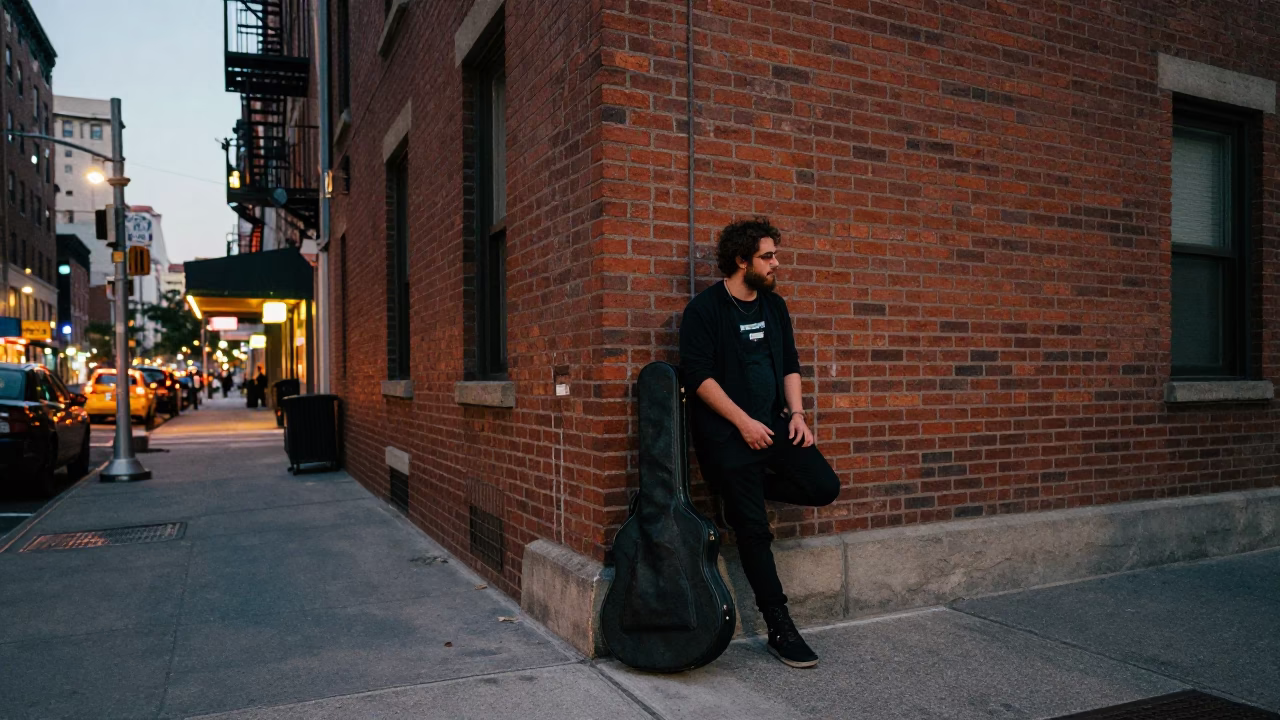 New York City Street Corner at Dusk with Guitar Case and Urban Glow in in New York, New York, United States