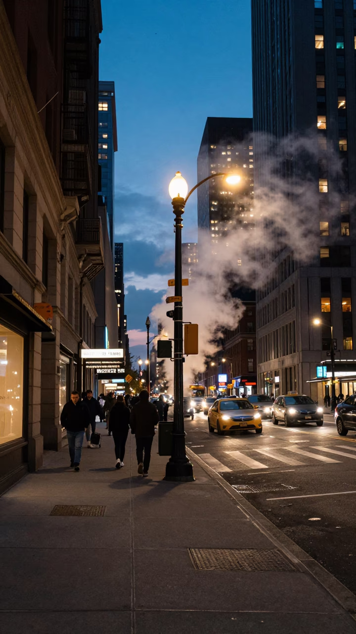 New York City Street Corner at Dusk with Steam and Urban Activity in in New York, New York, United States