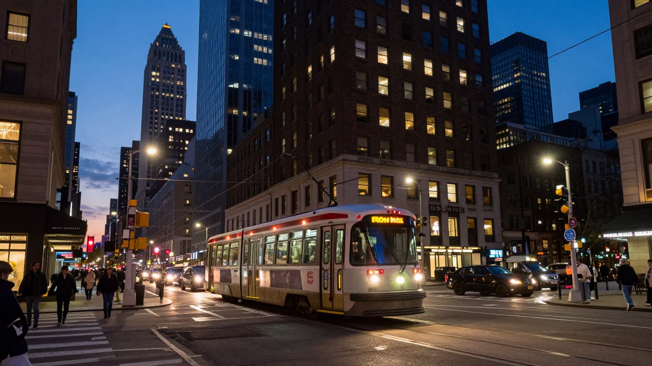New York City Street Corner at Dusk with Tram and Local Details in in New York, New York, United States