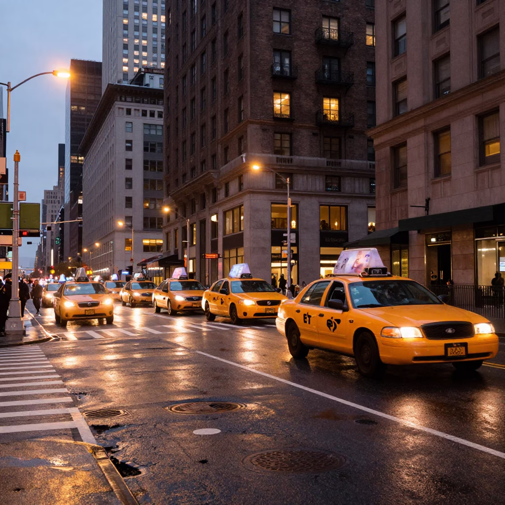 New York City Street Corner at Dusk with Yellow Cab and Pedestrians in in New York, New York, United States