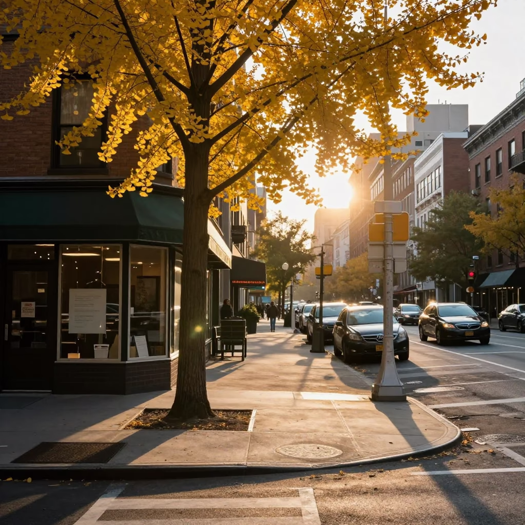 New York City Street Corner at Sunrise with Ginkgo Tree and Local Shopkeeper in in New York, New York, United States