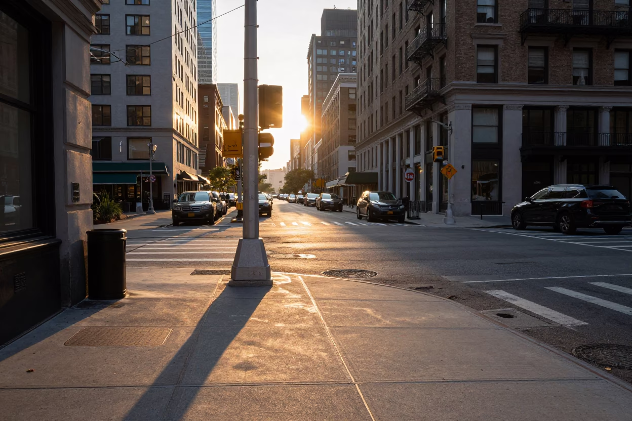 New York City Street Corner at Sunrise with Pin Tin and Window Light Reflections in in New York, New York, United States