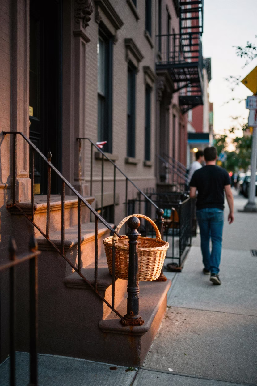 New York City Street Corner at Sunrise with Wicker Basket and Rust in in New York, New York, United States