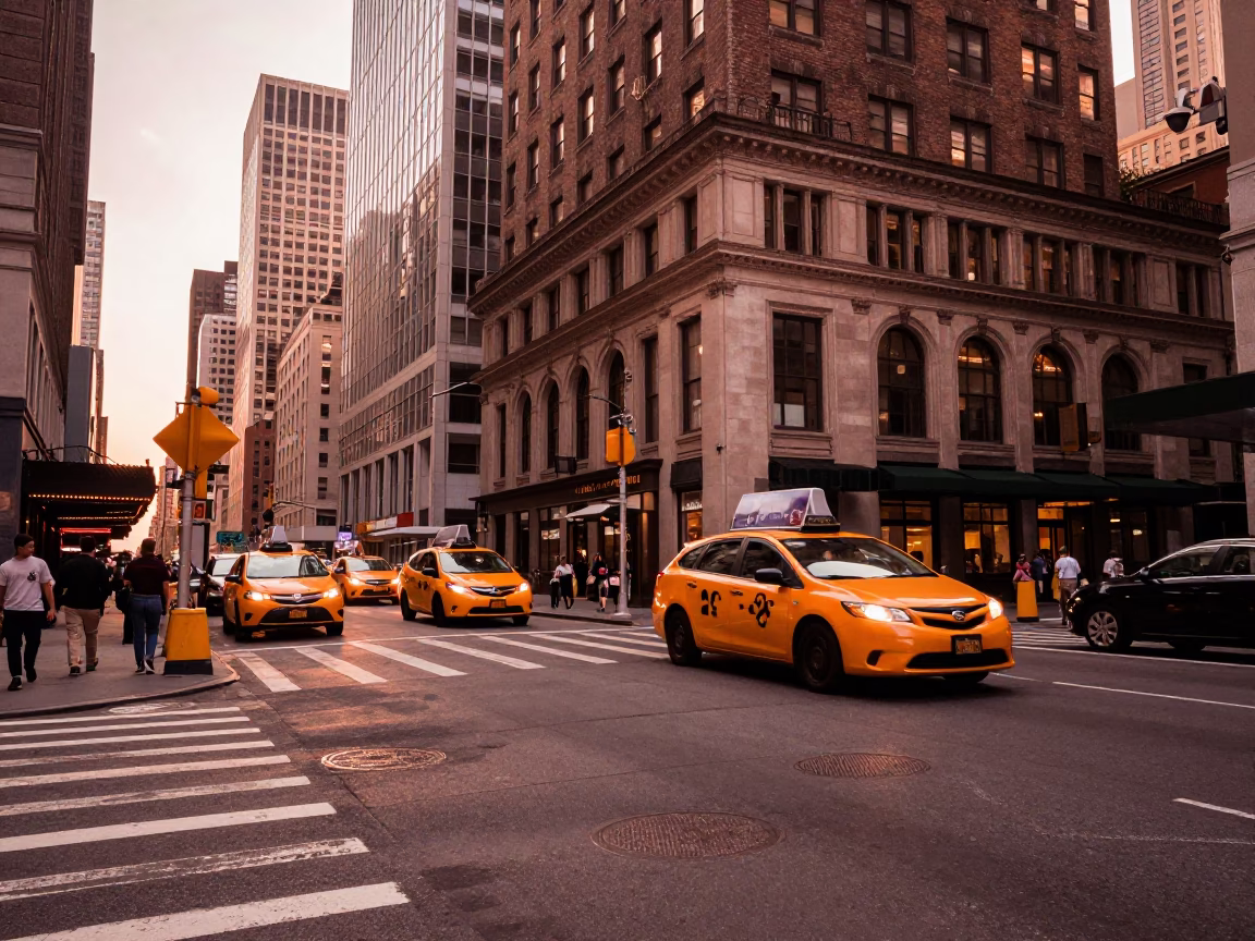 New York City Street Corner Before Dusk with Yellow Taxi and Pedestrians in in New York, New York, United States