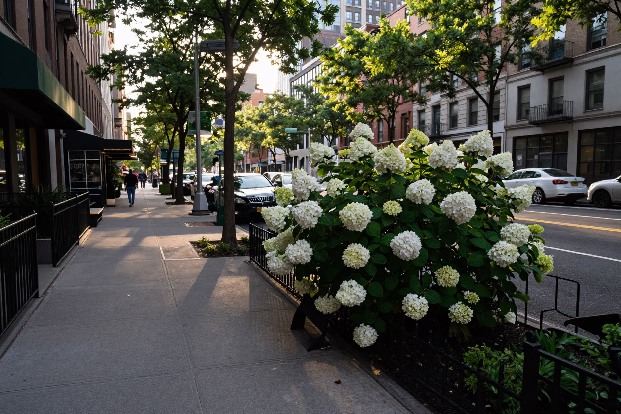 New York City Street Corner Early Afternoon Scene with Hydrangea Bush and Glass Tumbler in in New York, New York, United States