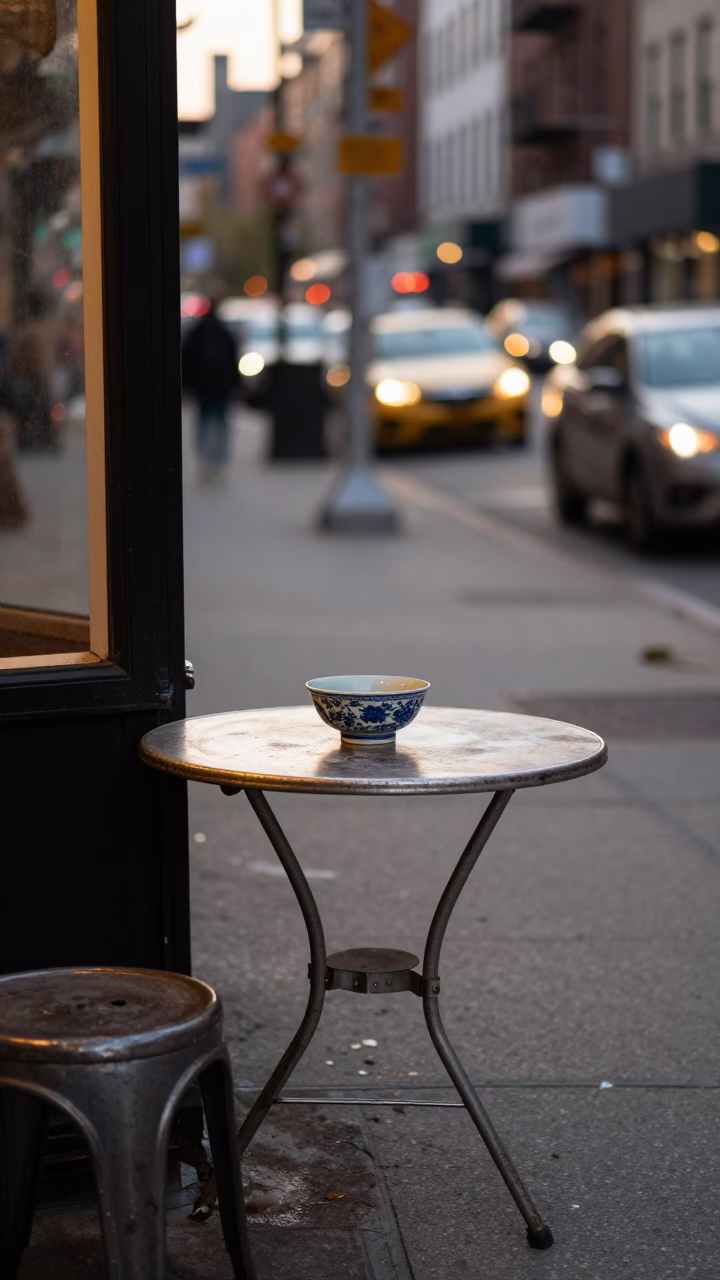 New York City Street Corner Evening with Blue Porcelain Bowl and Cocktail Shaker in in New York, New York, United States