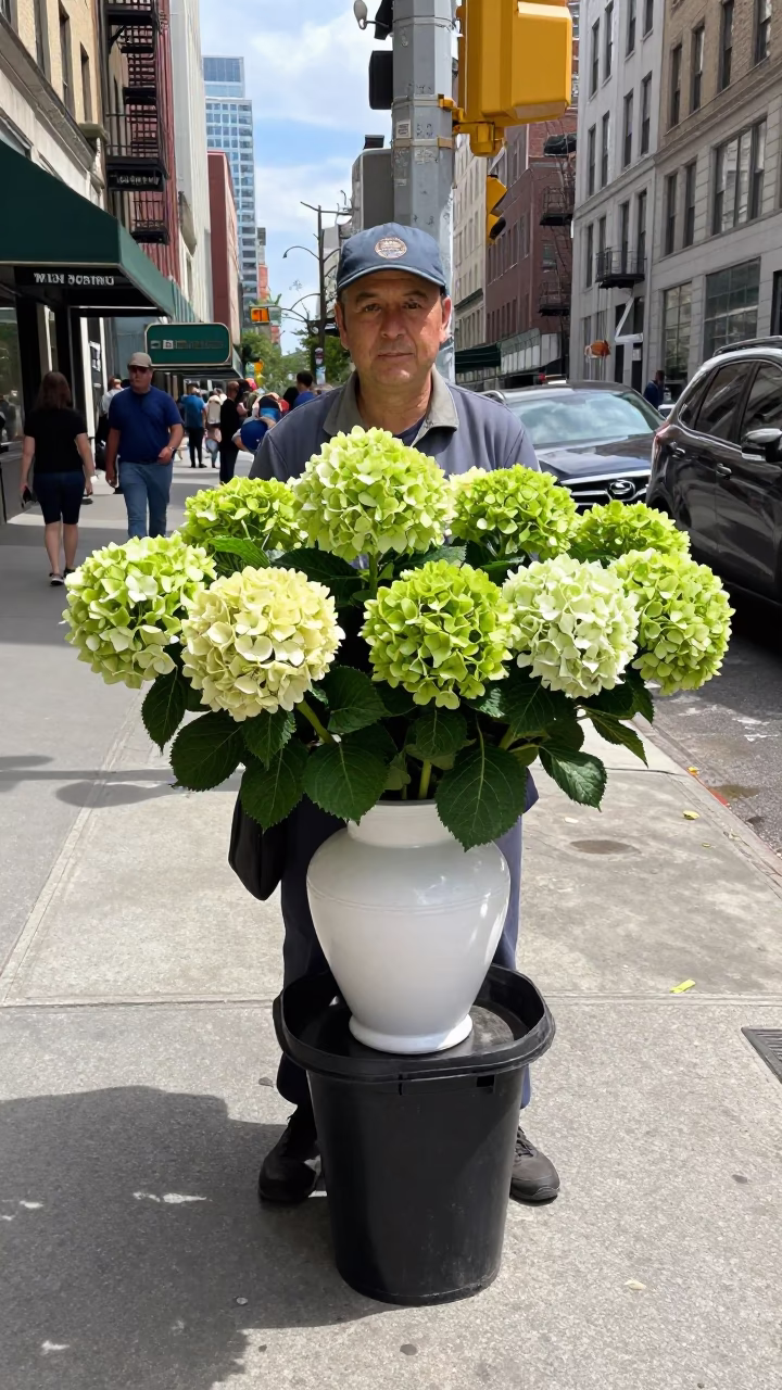 New York City Street Corner Vendor Selling Fresh Hydrangeas in Bright Midmorning Light in in New York, New York, United States