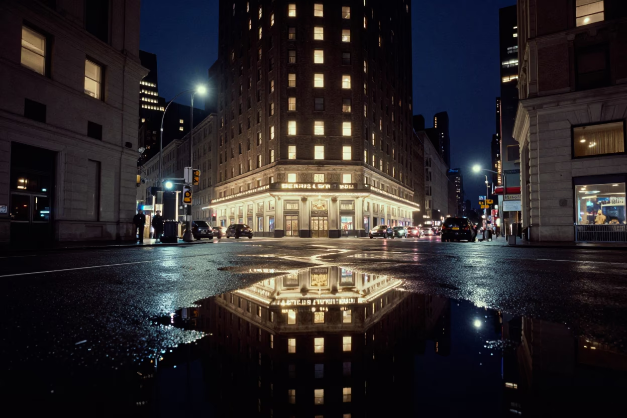 New York City Street Night Reflection in Puddle with Hotel Windows and Tail Lights in in New York, New York, United States