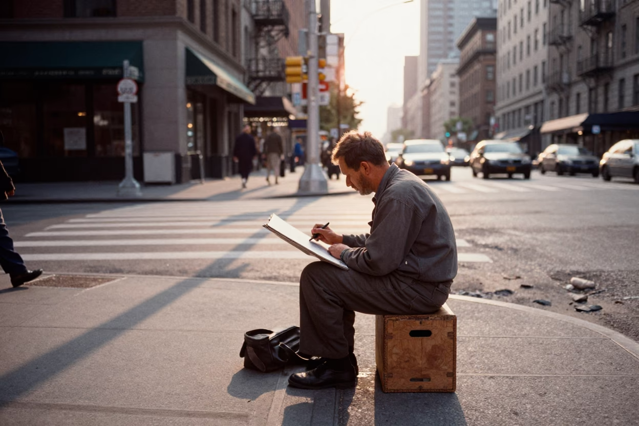 New York City Street Portrait Artist Sketching with Charcoal Stained Fingers at Sunset in in New York, New York, United States