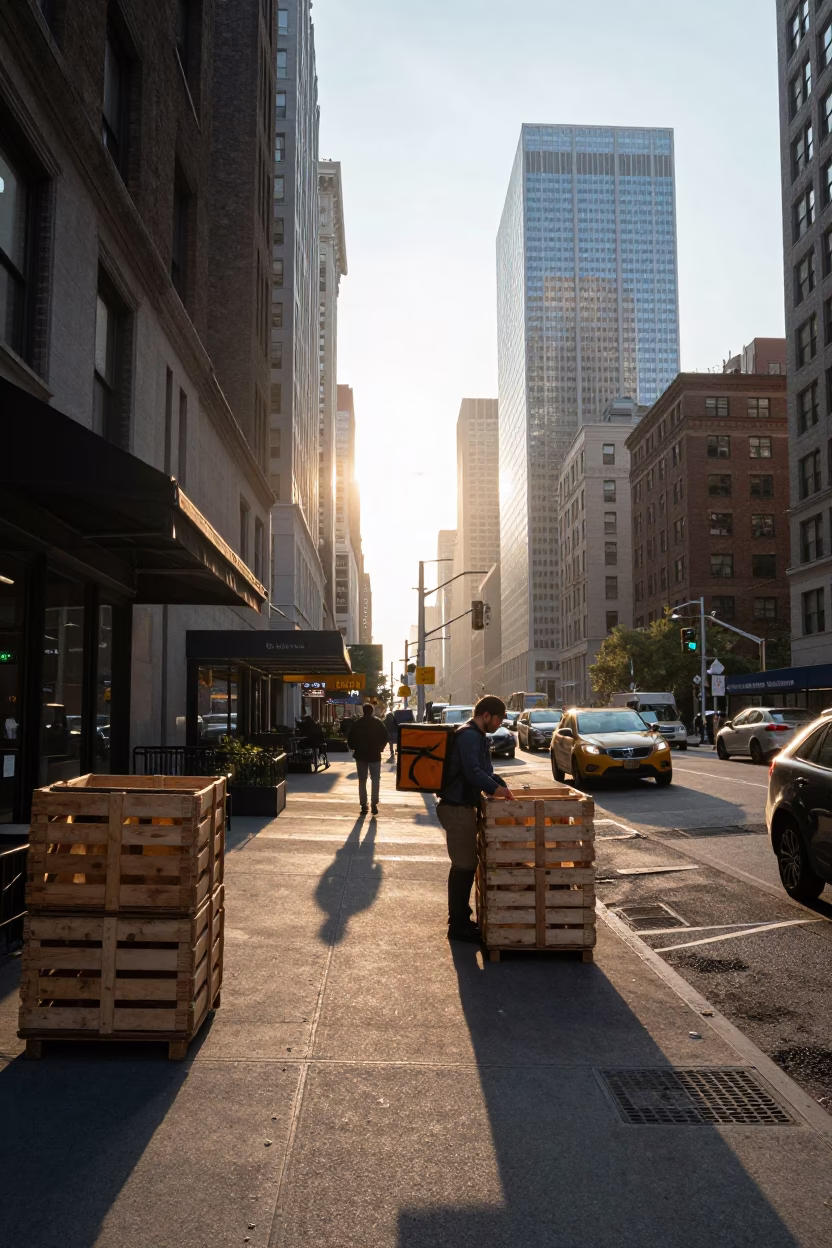 New York City Street Scene After Sunrise with Crates and Porcelain Jars in in New York, New York, United States