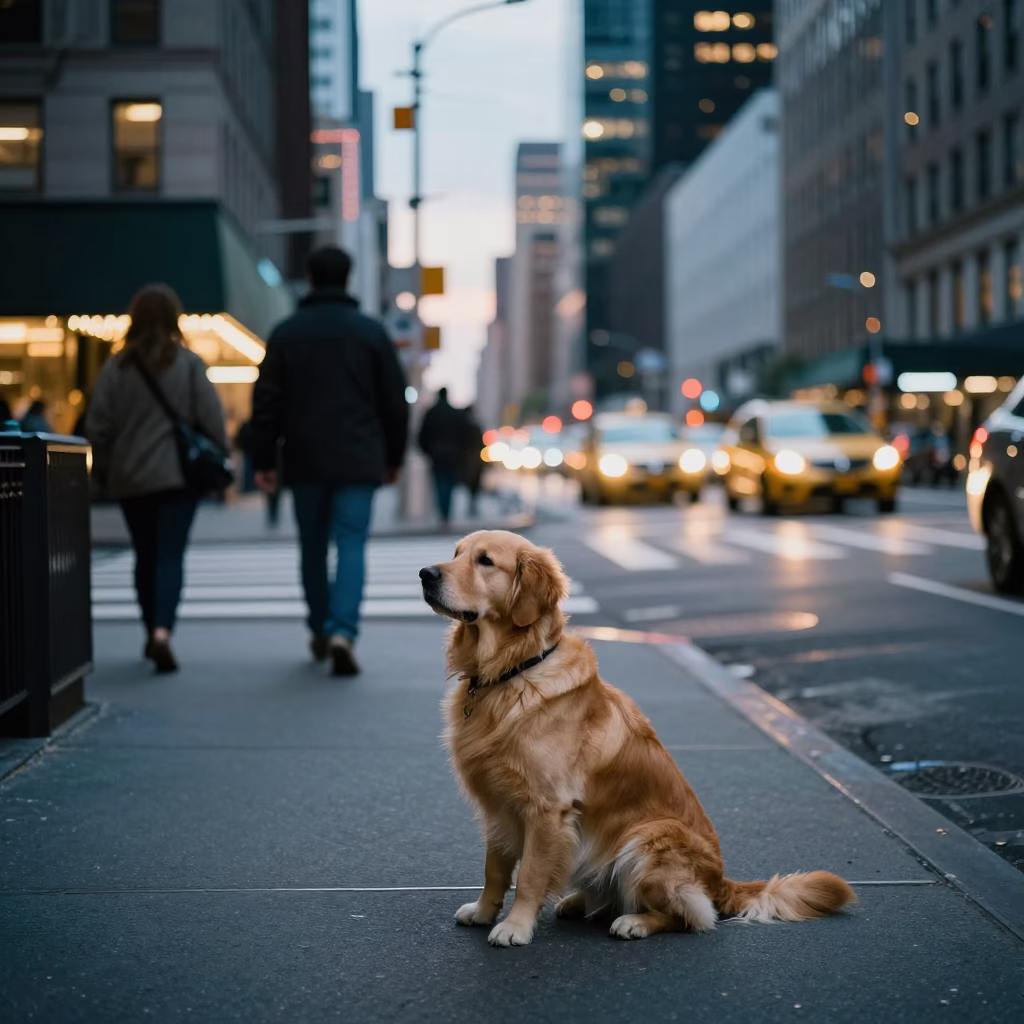 New York City Street Scene at Dusk with Dog and Hydrangeas in in New York, New York, United States