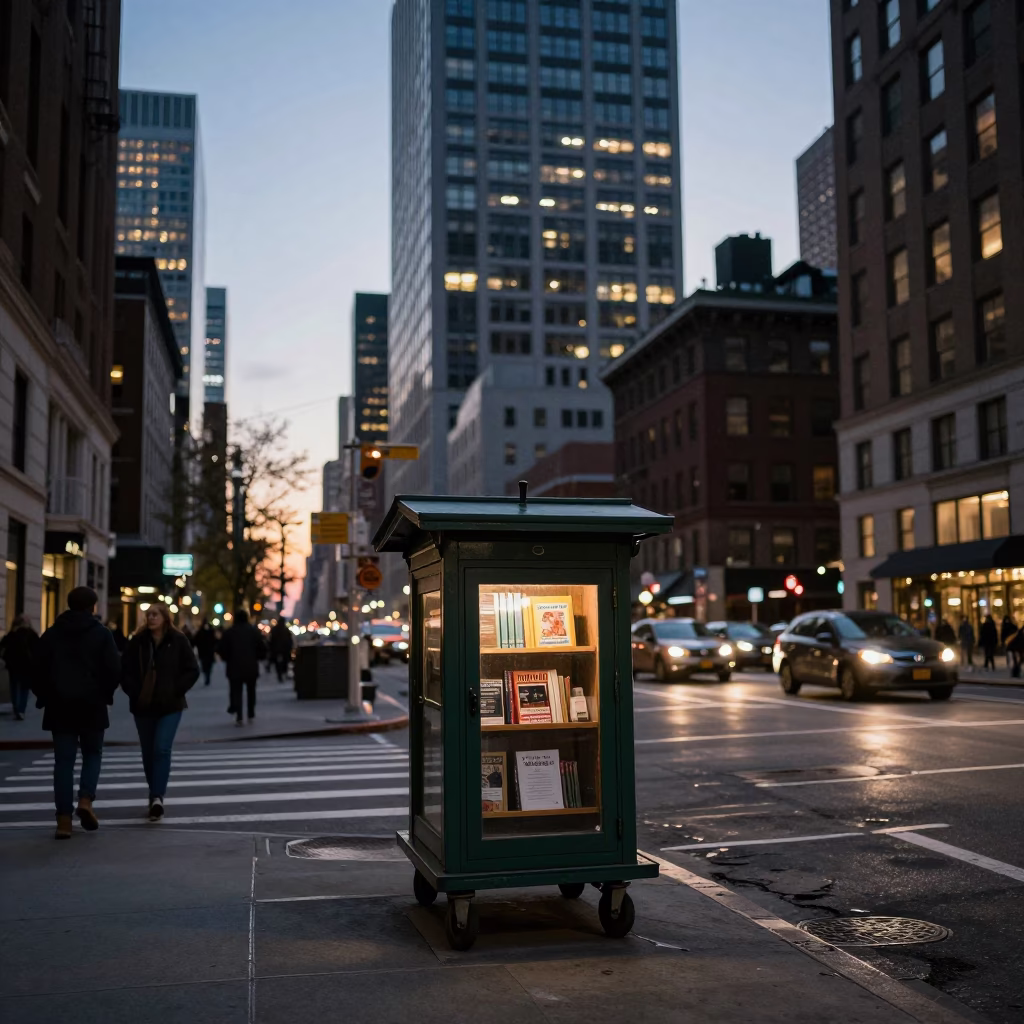 New York City Street Scene at Dusk with Library Cart and Bridge Infrastructure in in New York, New York, United States