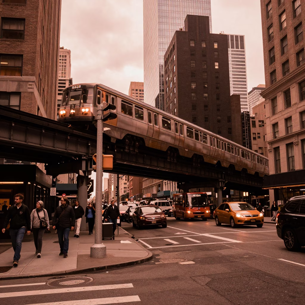 New York City Street Scene at Dusk with Monorail and Urban Activity in in New York, New York, United States