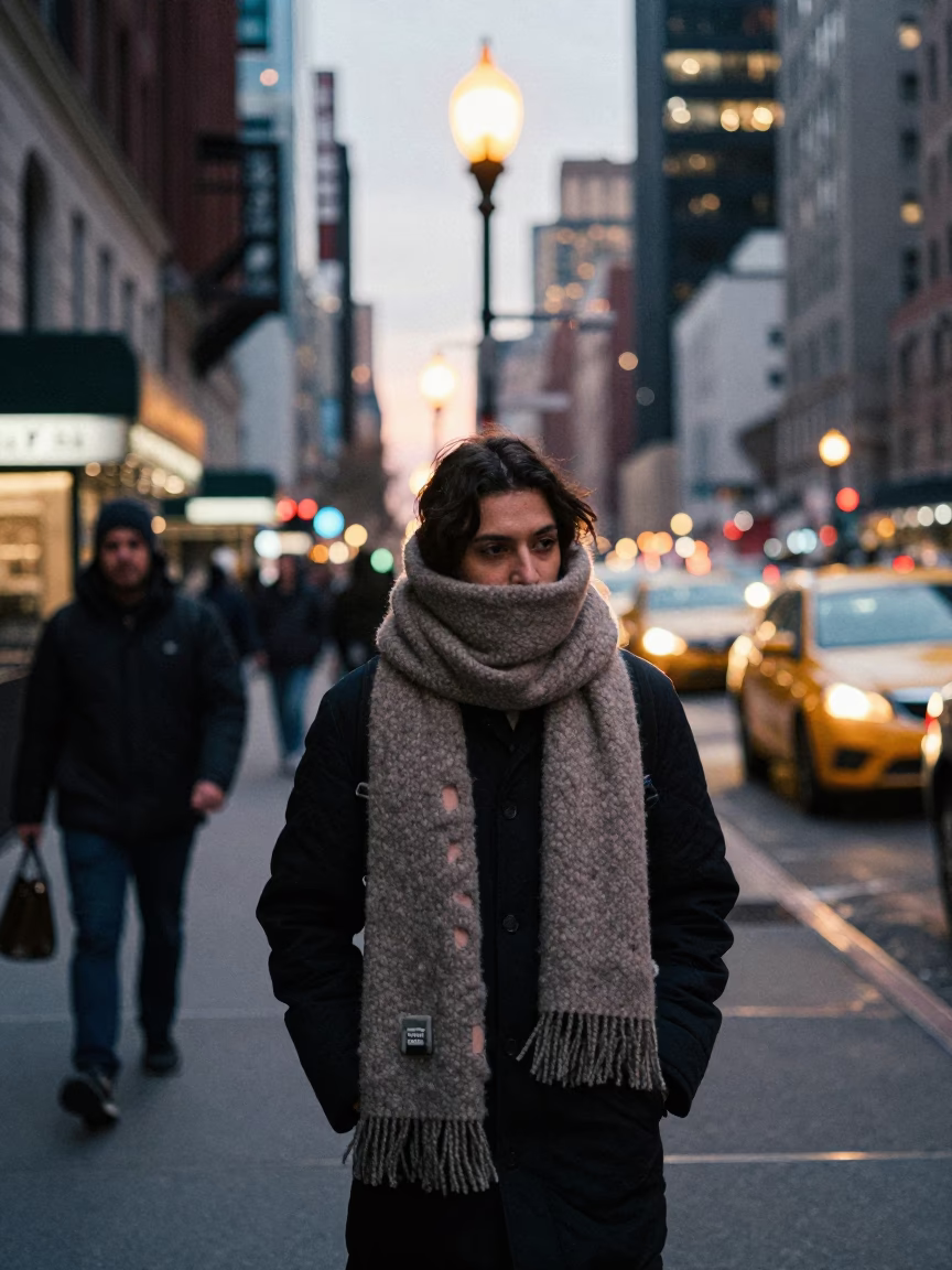 New York City Street Scene at Dusk with Scarf and Urban Architecture in in New York, New York, United States