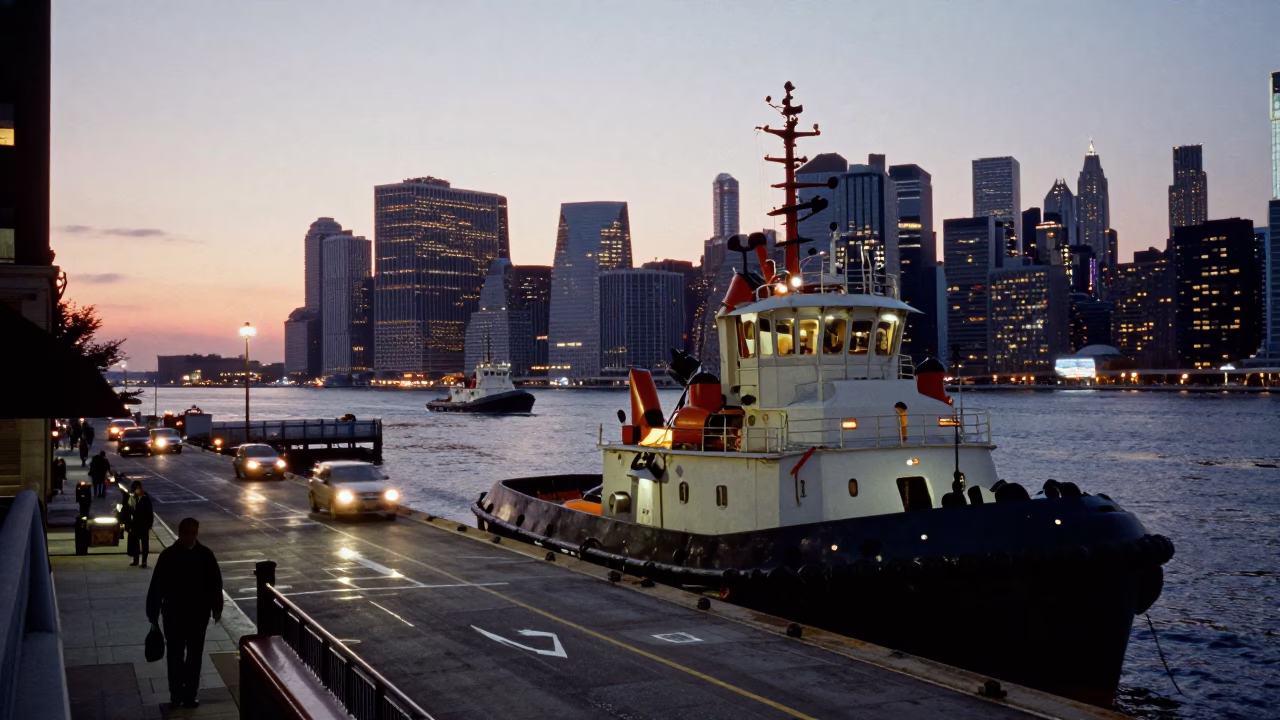 New York City Street Scene at Dusk with Tugboat in Harbor and Urban Lights in in New York, New York, United States