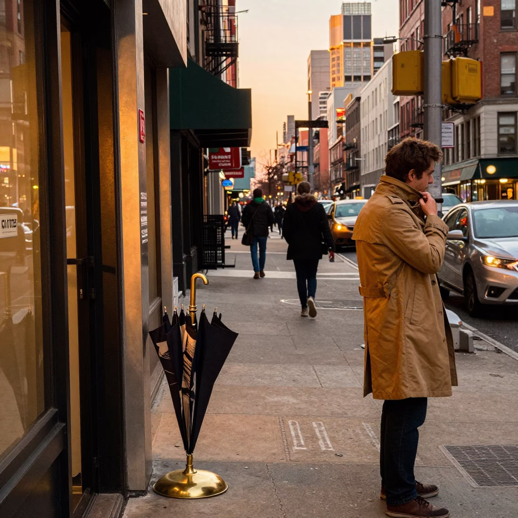 New York City Street Scene at Dusk with Umbrella Stand and Brushed Steel Details in in New York, New York, United States
