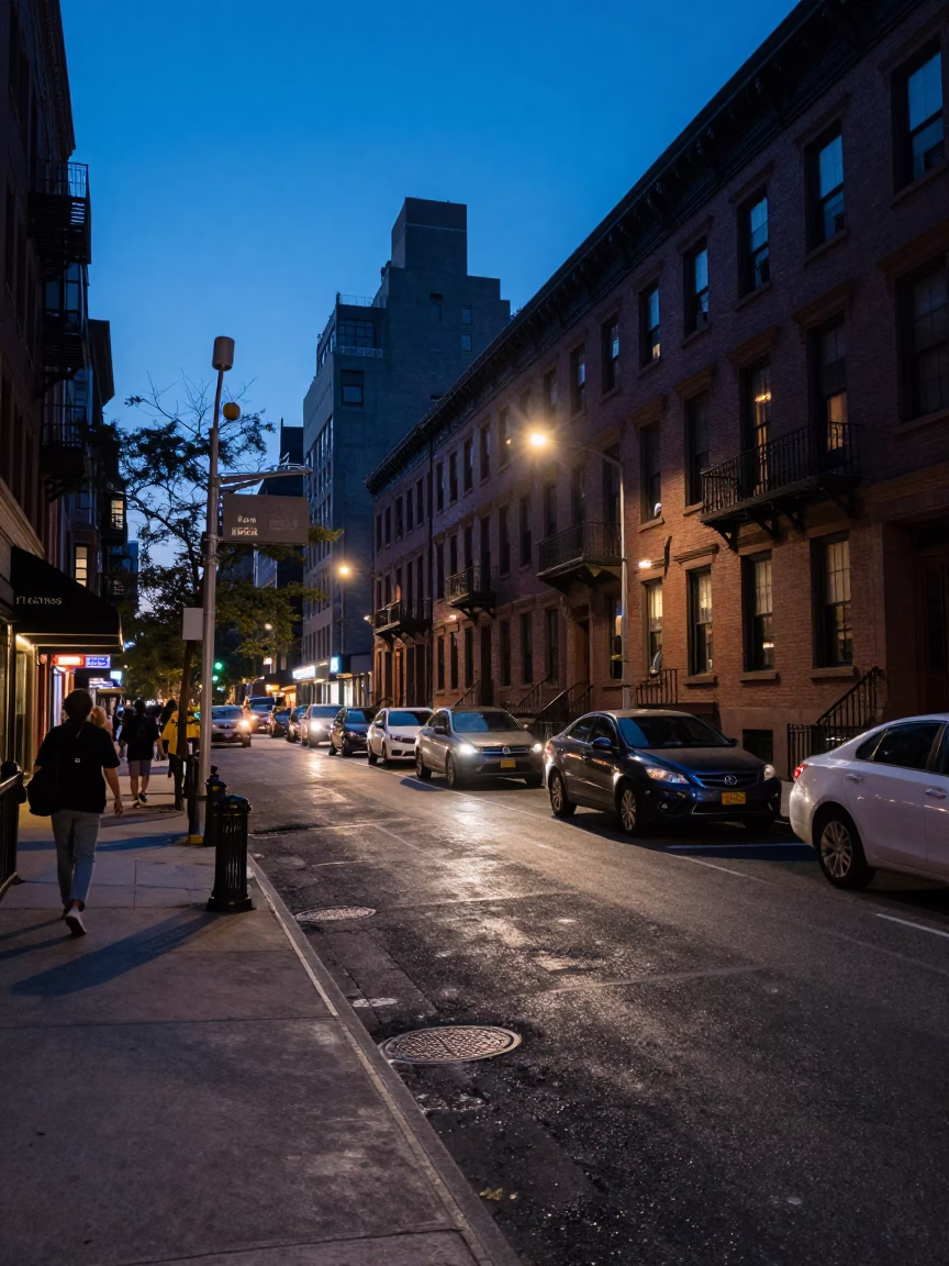 New York City Street Scene at Indigo Twilight with Folding Stools and Urban Architecture in in New York, New York, United States