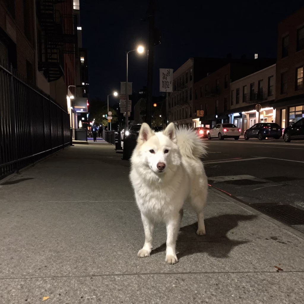 New York City Street Scene at Night with Dog and Urban Details in in New York, New York, United States