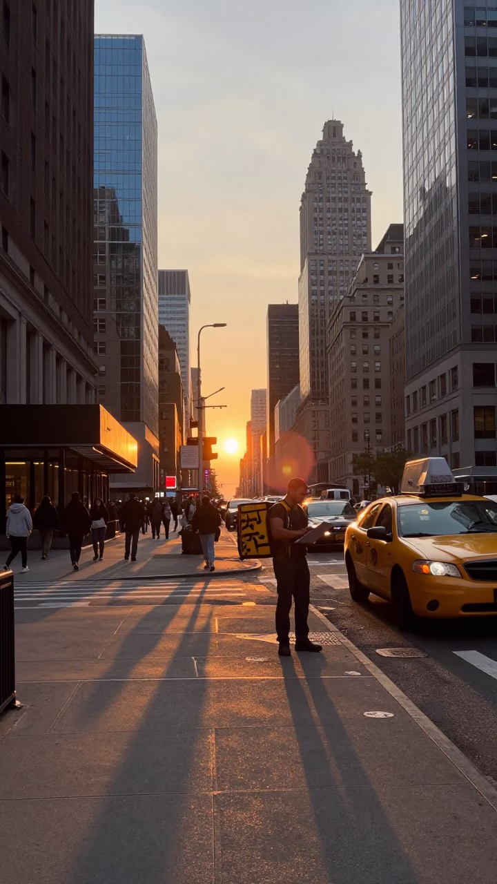 New York City Street Scene at Sunset with Clipboard and Clipboard User in in New York, New York, United States