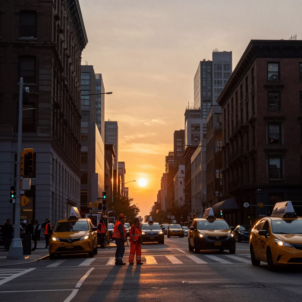 New York City Street Scene at Sunset with Construction Workers and Safety Gear in in New York, New York, United States