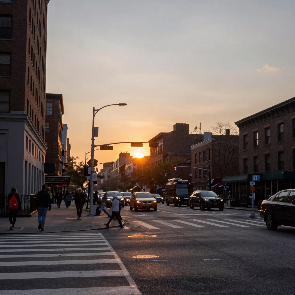 New York City Street Scene at Sunset with Urban Life and Cityscape in in New York, New York, United States