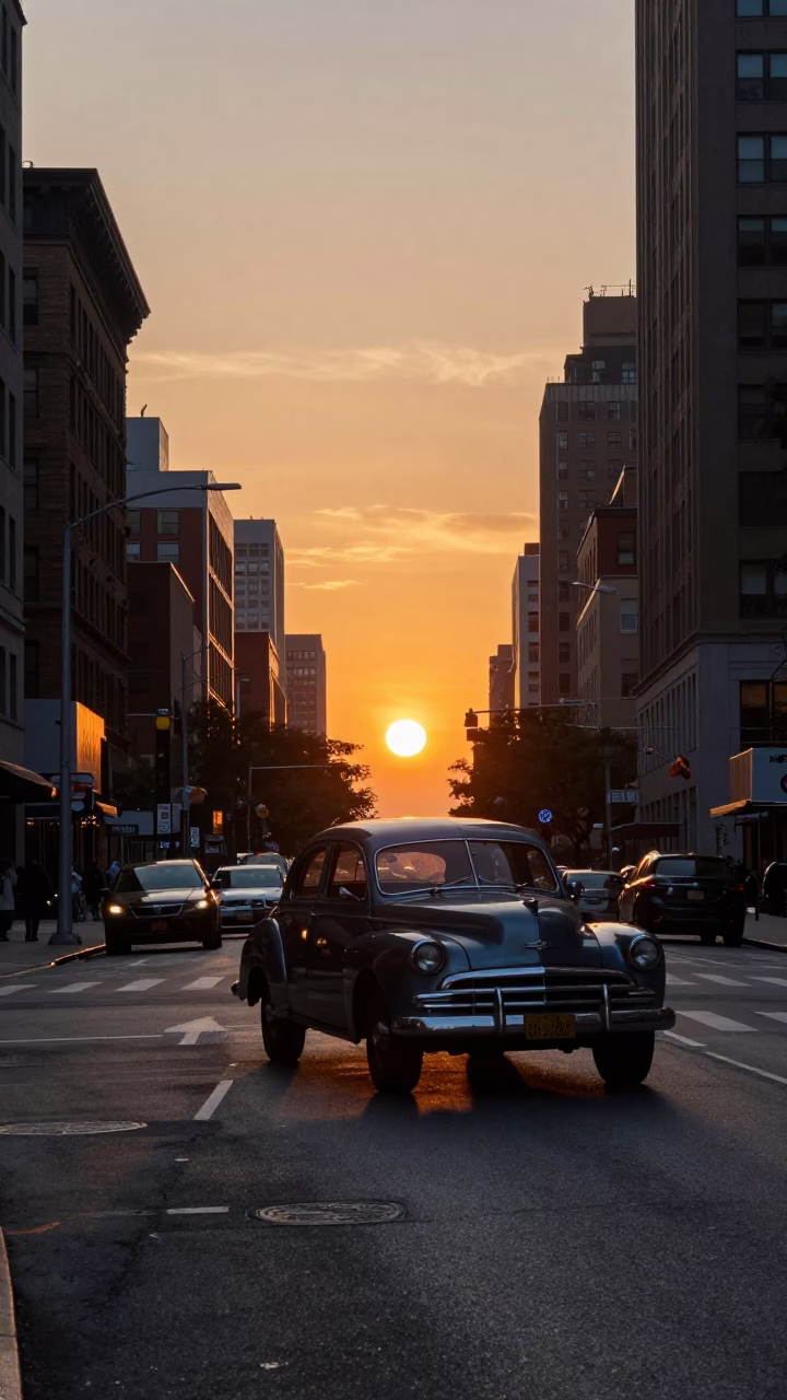 New York City Street Scene at Sunset with Vintage Car and Substation Fence in in New York, New York, United States