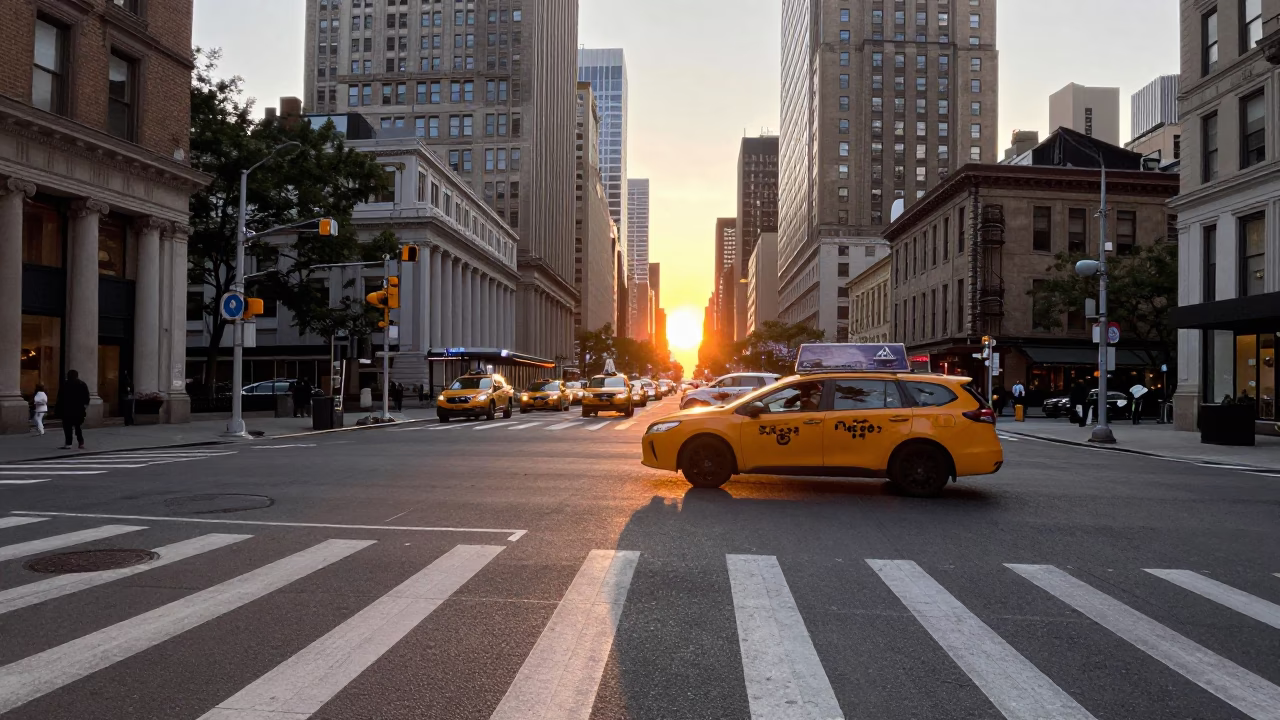 New York City Street Scene at Sunset with Yellow Taxi and Pedestrians in in New York, New York, United States
