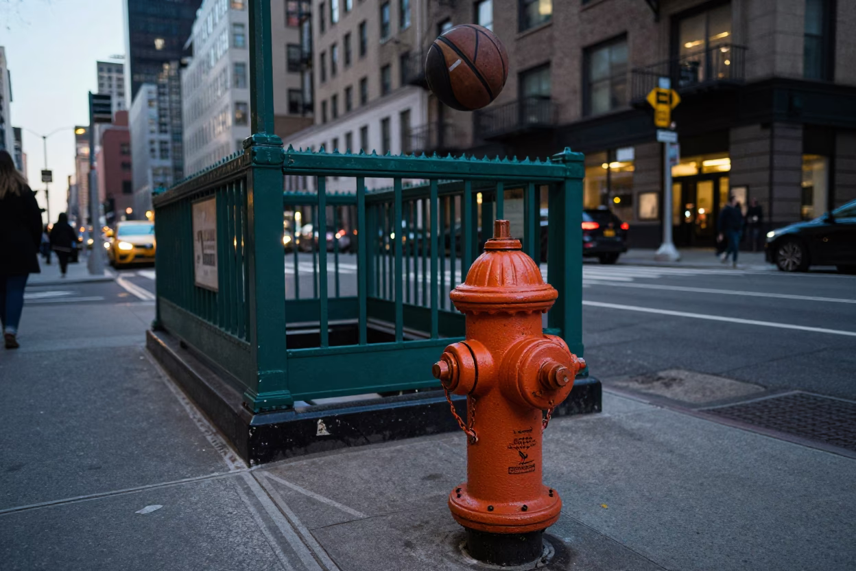 New York City Street Scene Early Evening with Vintage Basketball and Urban Details in in New York, New York, United States
