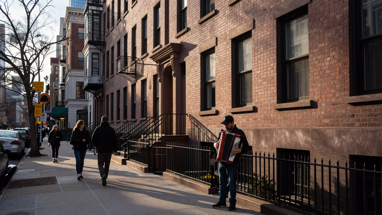 New York City Street Scene First Light with Accordion Player and Pedestrians in in New York, New York, United States