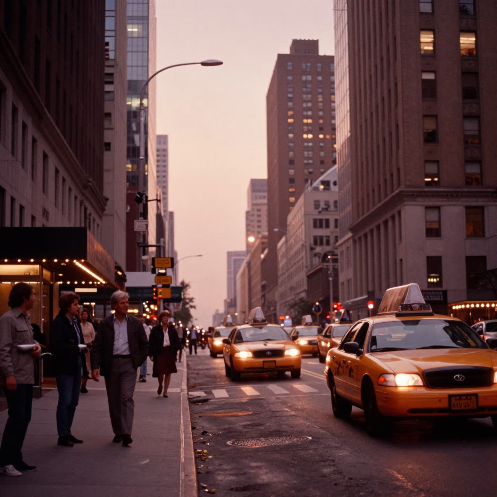 New York City Street Scene in Copper-Toned Dusk Light with Urban Details in in New York, New York, United States