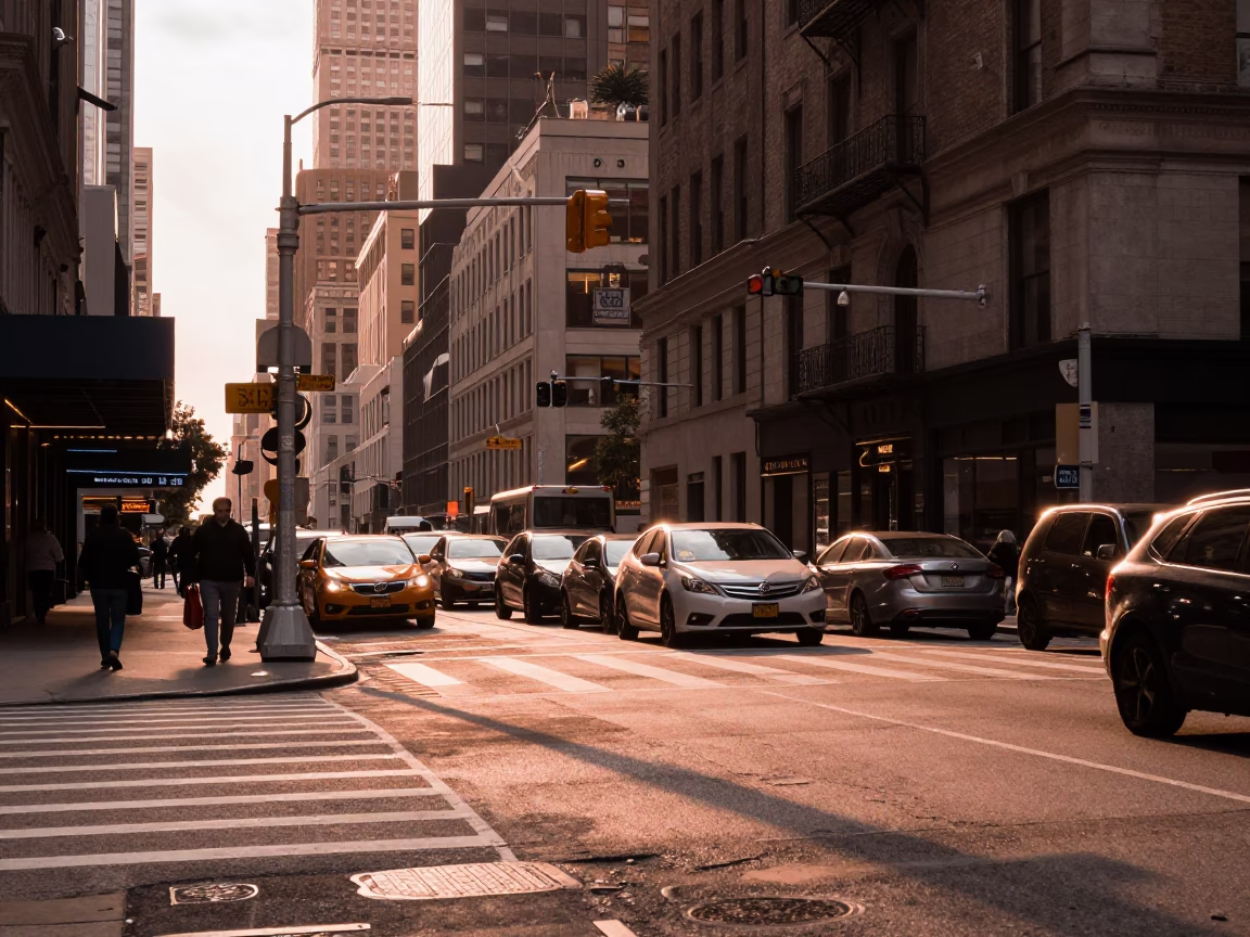 New York City Street Scene in Copper Toned Light Before Dusk with Sun Stripe in in New York, New York, United States