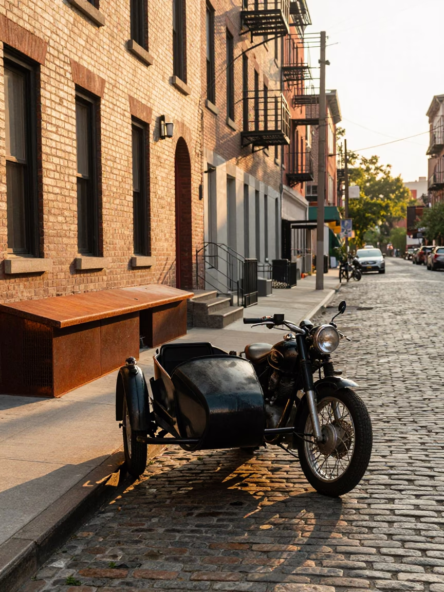 New York City Street Scene Just After Sunrise with Vintage Motorcycle and Sidecar in in New York, New York, United States