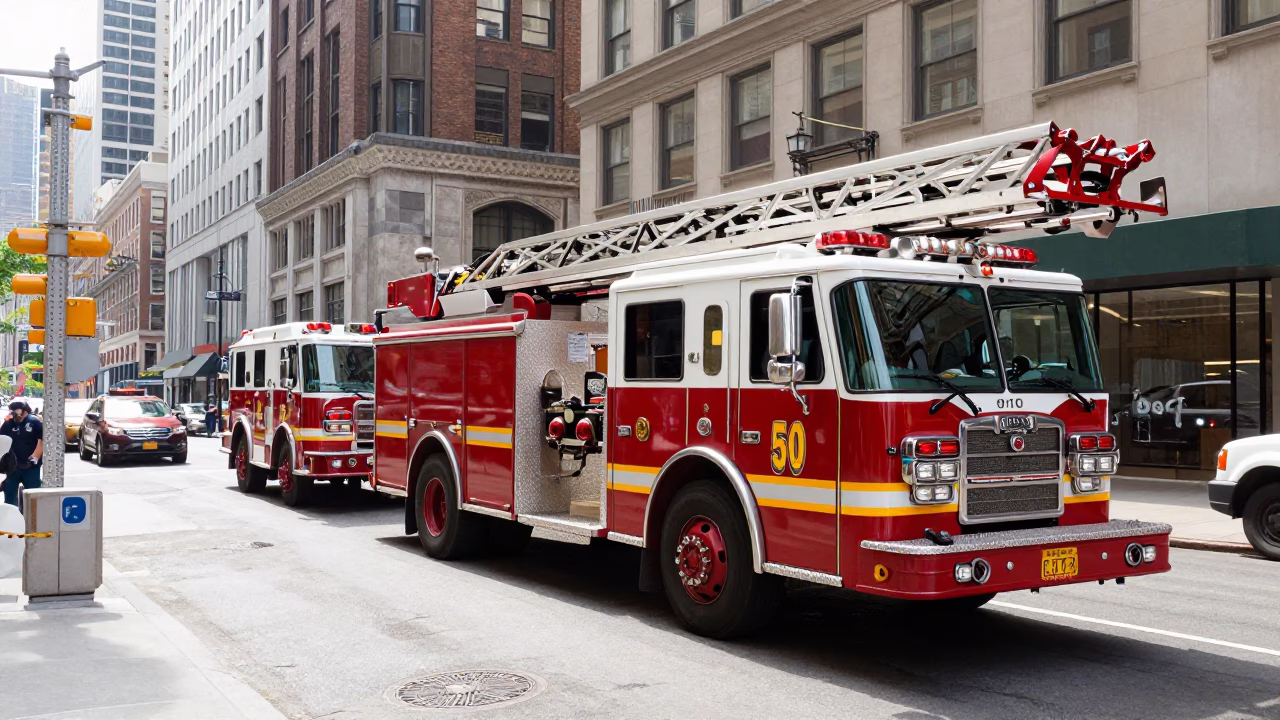 New York City Street Scene with Fire Engine and Urban Architecture in in New York, New York, United States