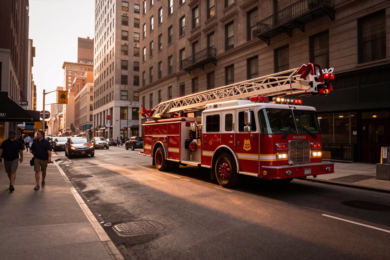 New York City Street Scene with Fire Engine Extended Ladder at Dusk in in New York, New York, United States