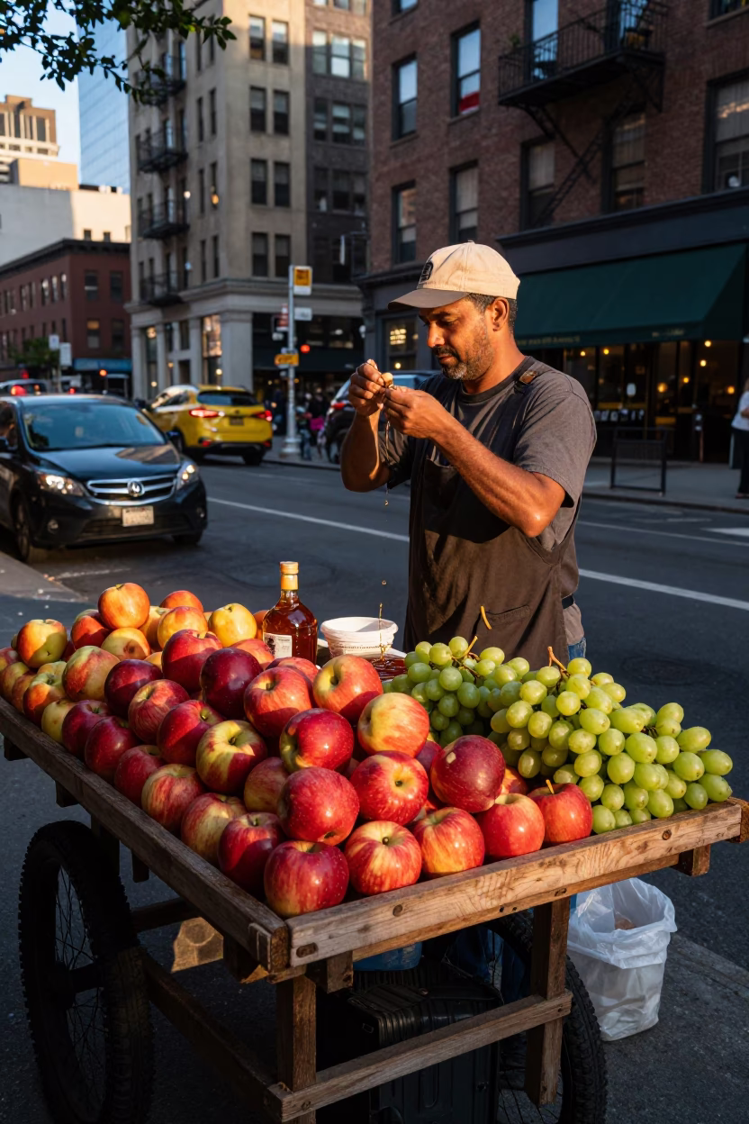 New York City Street Scene with Fruit Vendor and Honeyed Evening Light in in New York, New York, United States