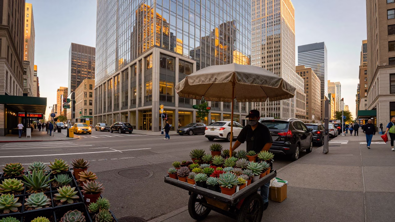 New York City Street Scene with Succulents and Vintage Parasol in Evening Light in in New York, New York, United States