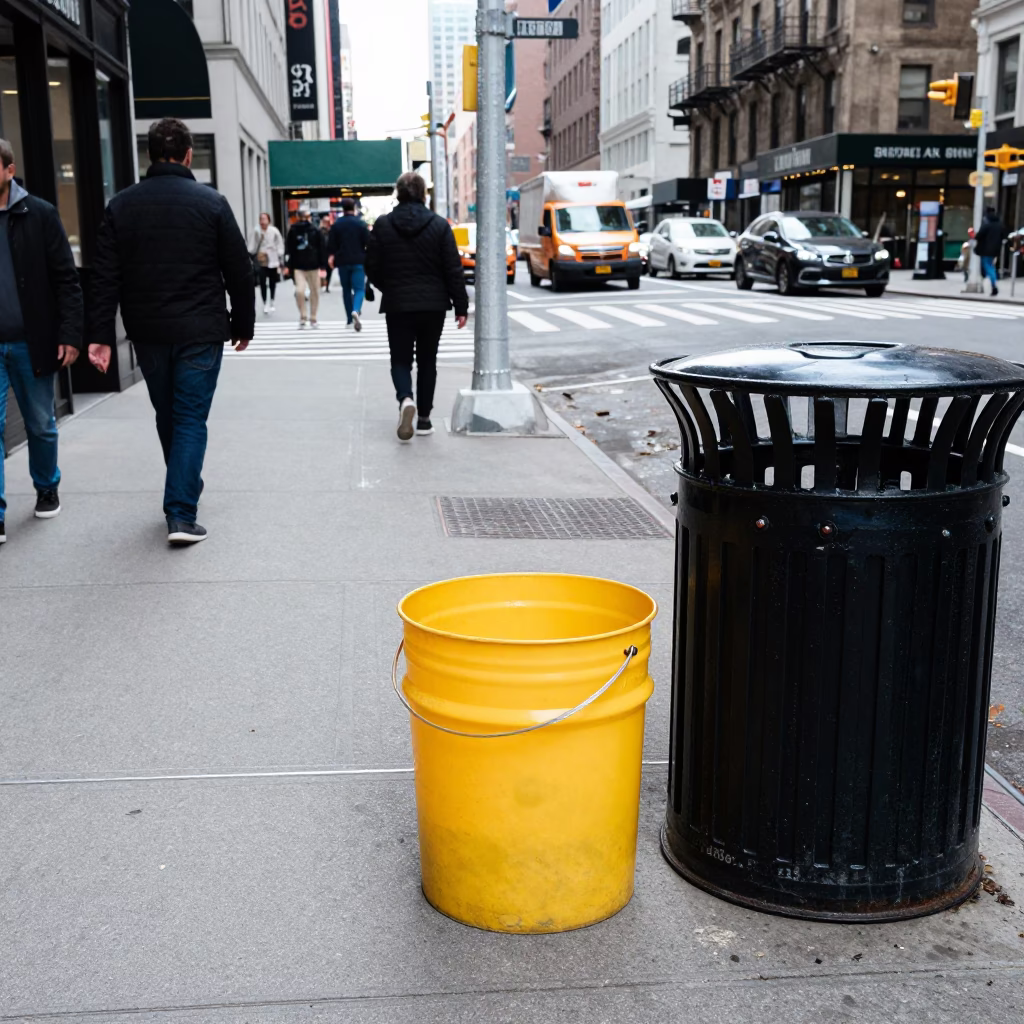 New York City Street Scene with Trash Bin and Pedestrians at Noon in in New York, New York, United States