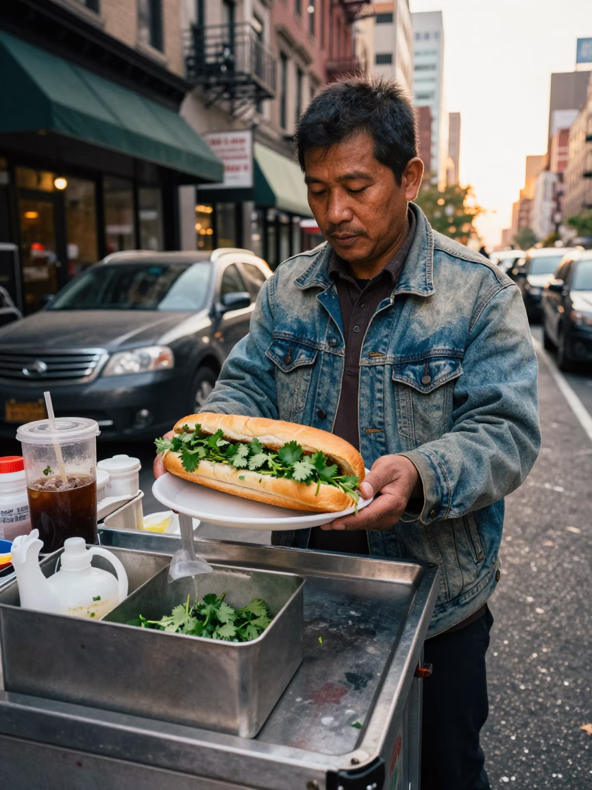 New York City Street Vendor Selling Vietnamese Banh Mi Sandwiches at Sunrise in in New York, New York, United States