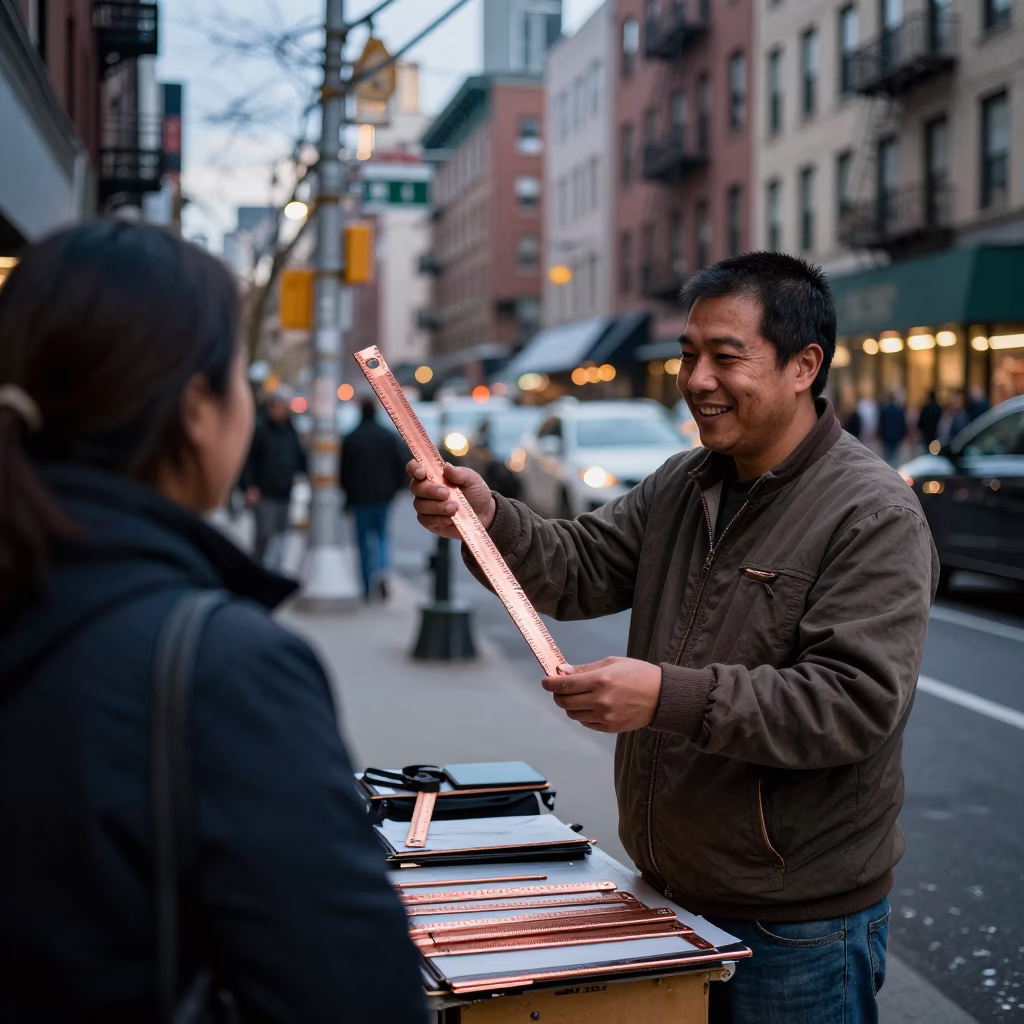 New York City Street Vendor with Folding Ruler in Copper Dusk Light in in New York, New York, United States
