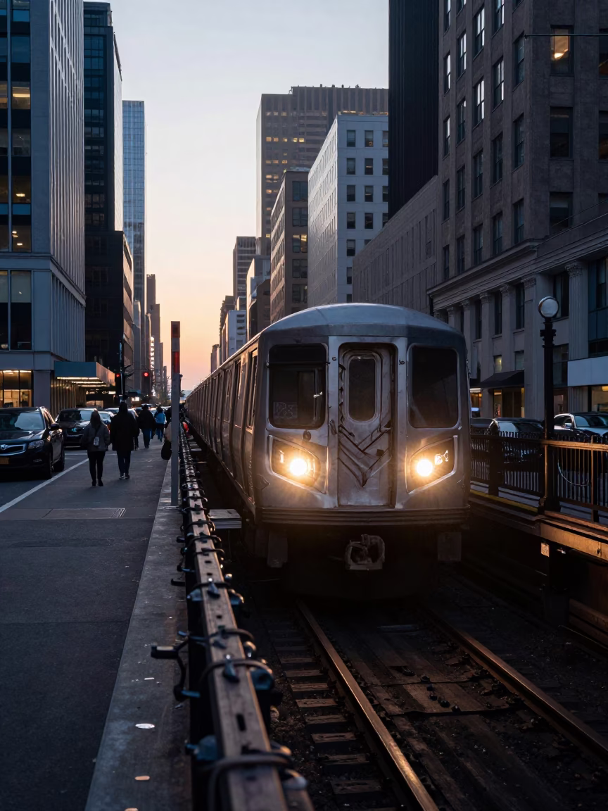 New York City Sunrise Metro Train Emerging from Tunnel with Urban Cityscape in in New York, New York, United States