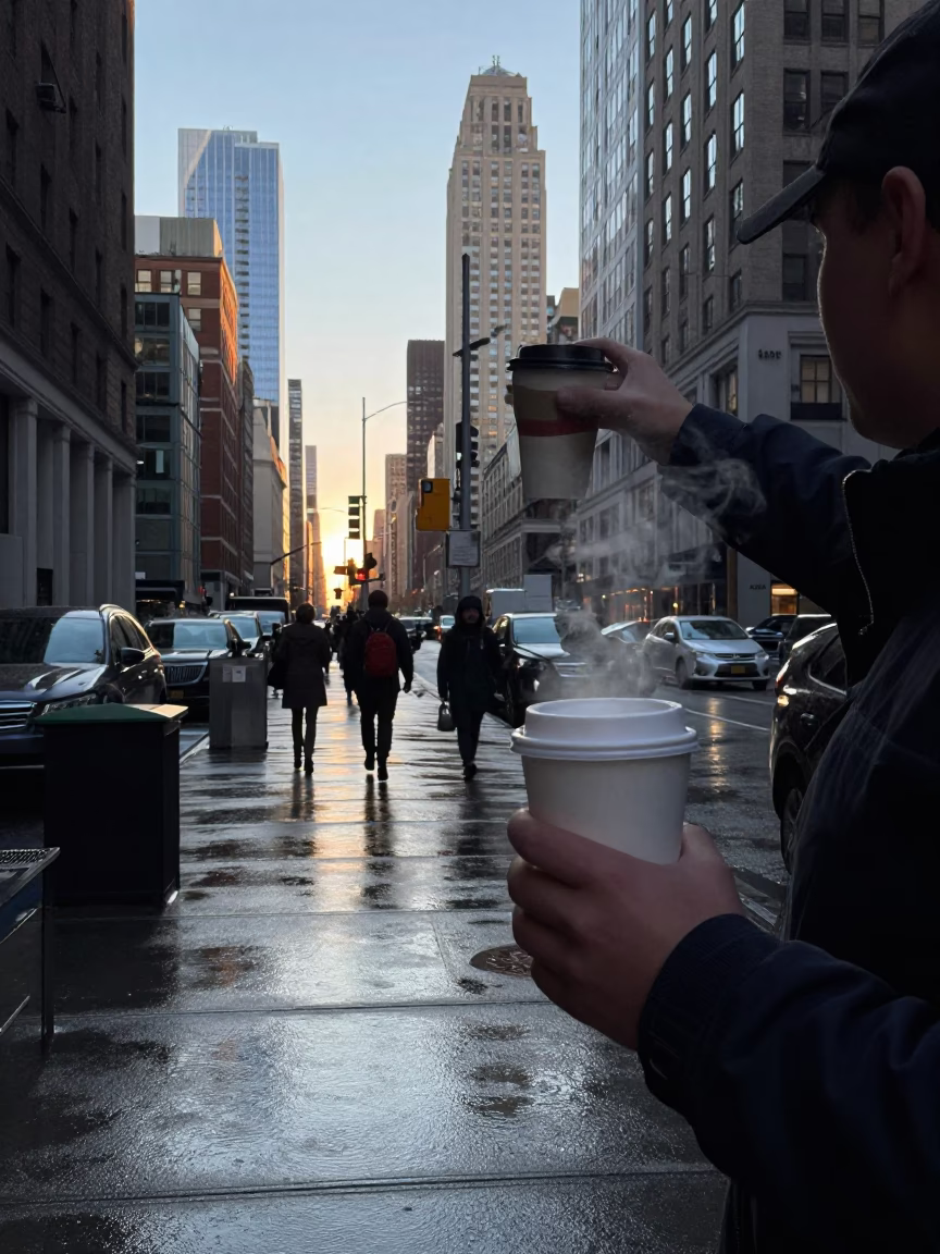 New York City Sunrise Street Scene with Coffee Cup and Newspaper in in New York, New York, United States