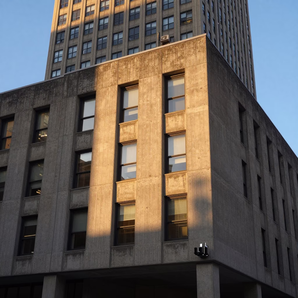 New York City Sunset Concrete Brutalist Architecture Nickel Latch Reflection in in New York, New York, United States