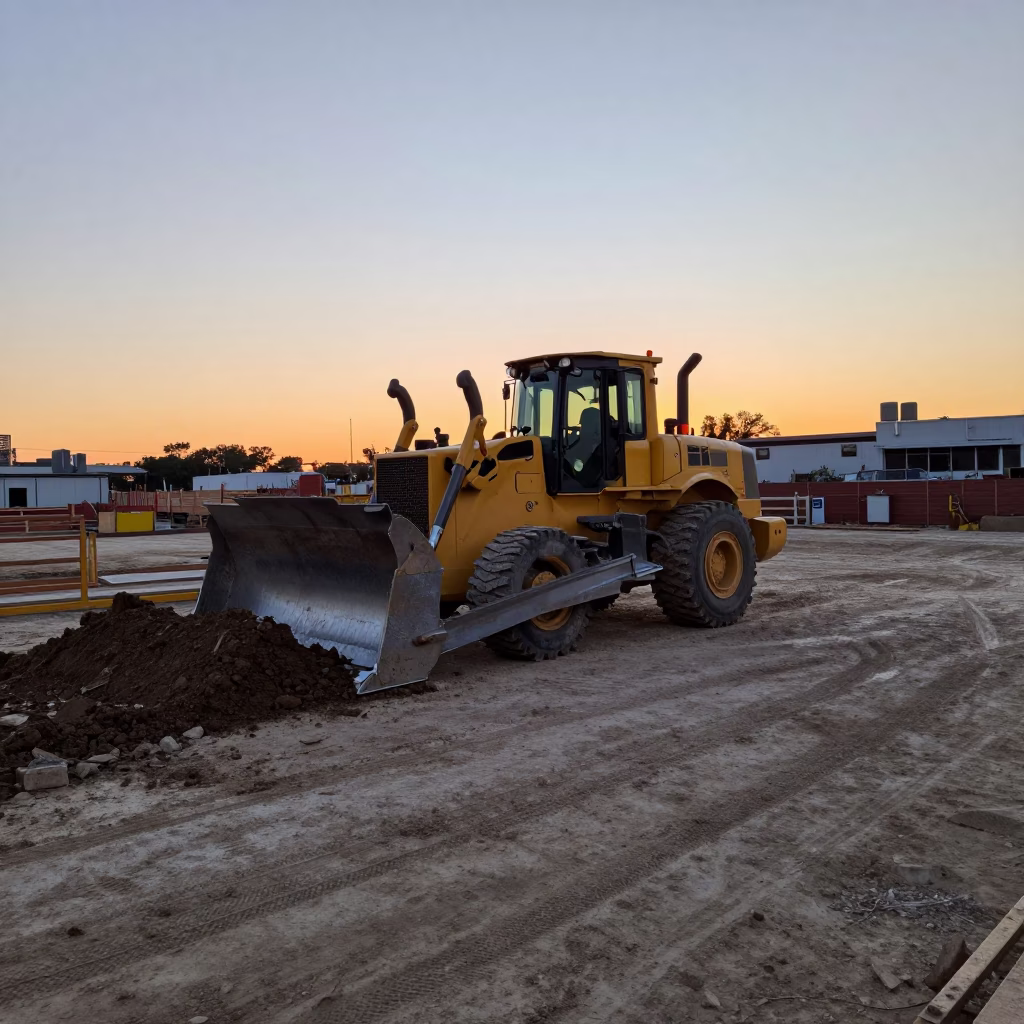 New York City Sunset Construction Site with Bulldozer and Metal Bucket in in New York, New York, United States