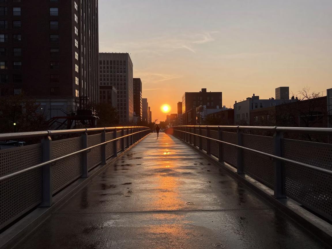 New York City Sunset Pedestrian Overpass Perforated Metal Wet Footsteps Urban Scene in in New York, New York, United States