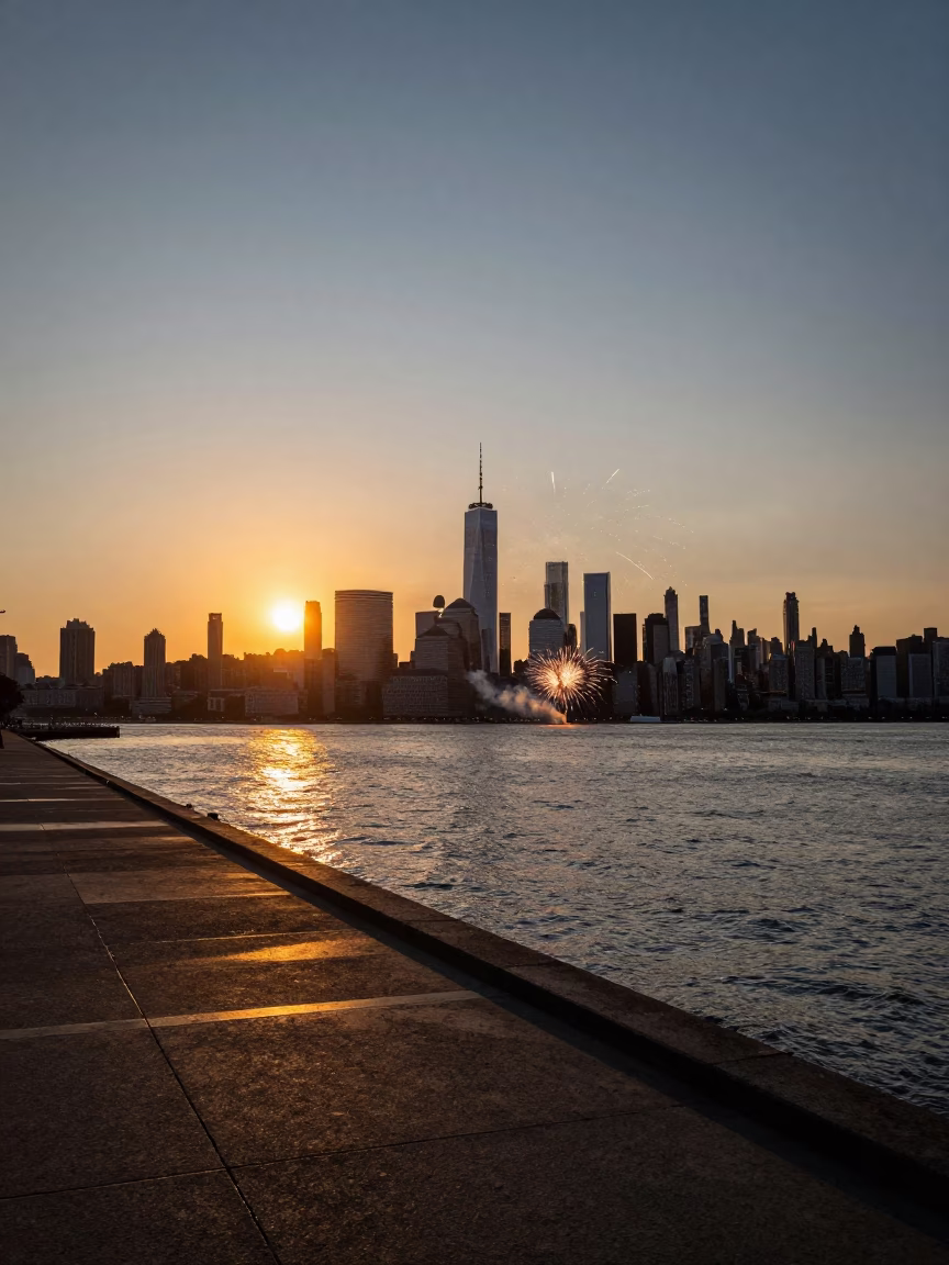 New York City Sunset Skyline View with Fireworks Over Harbor Waterfront in in New York, New York, United States