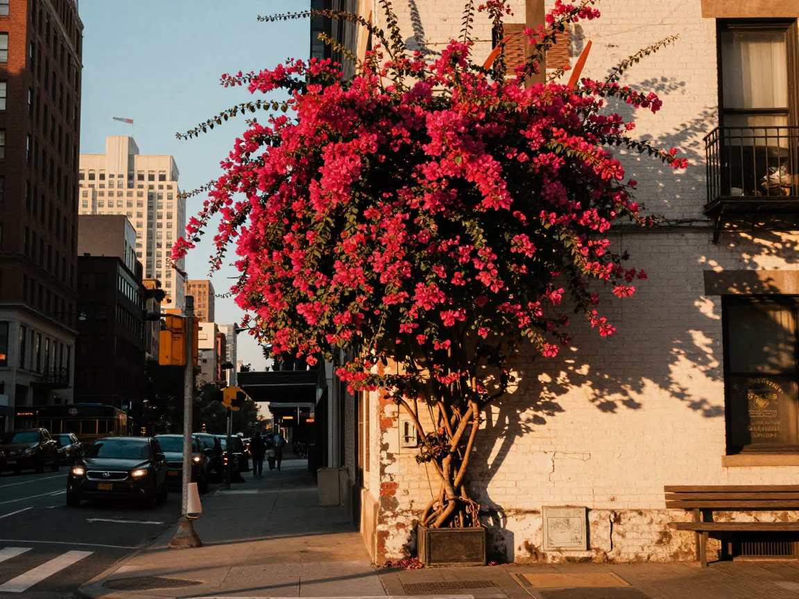 New York City Sunset Street Scene with Bougainvillea Cascade and Urban Architecture in in New York, New York, United States